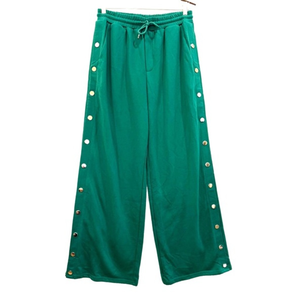 NWT Commense Sz Large Midwaist Drawstring Lounge Pants Side Button Detail Green